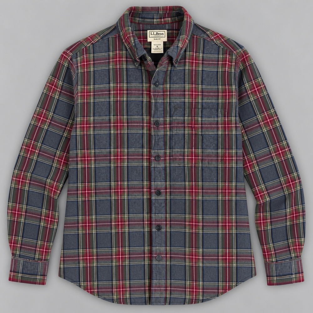 LL Bean Mens Slim Fit Flannel Plaid Button Down Shirt Medium Green Gray Red